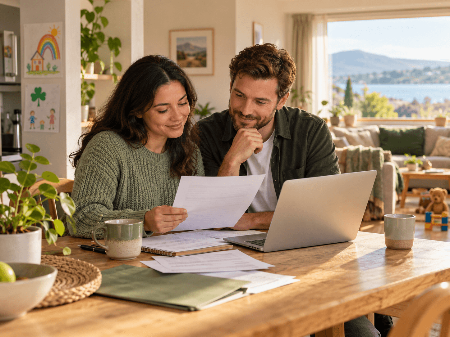 Couple at home looking through paperwork together