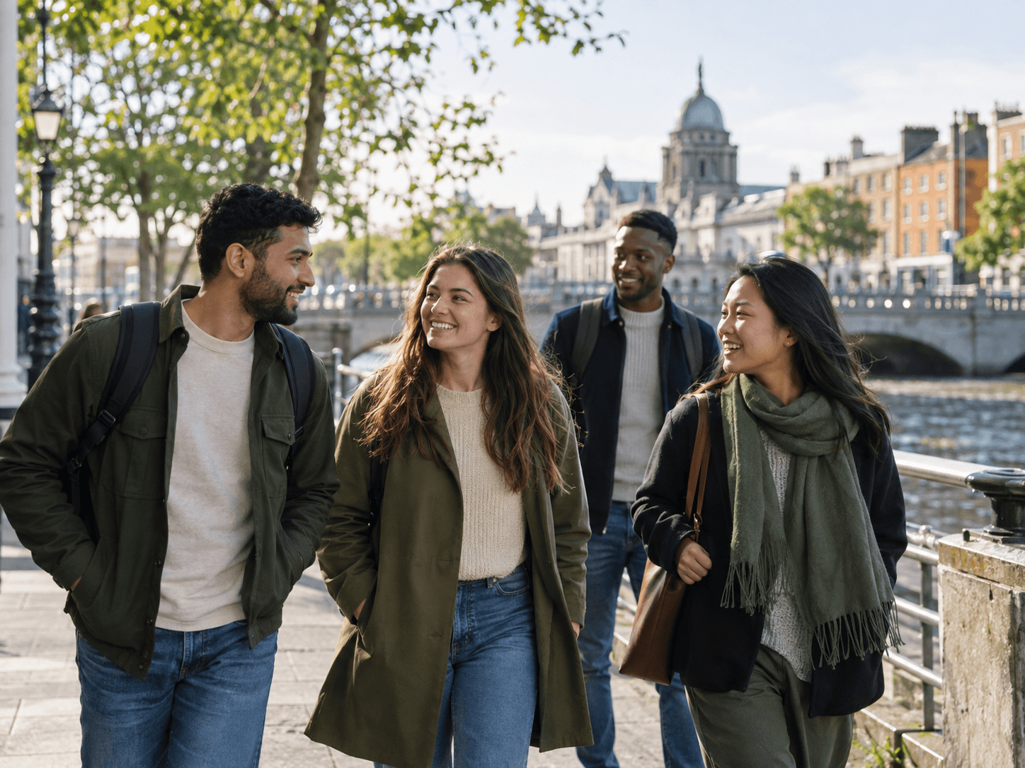 Friends walking beside the River Liffey in Dublin